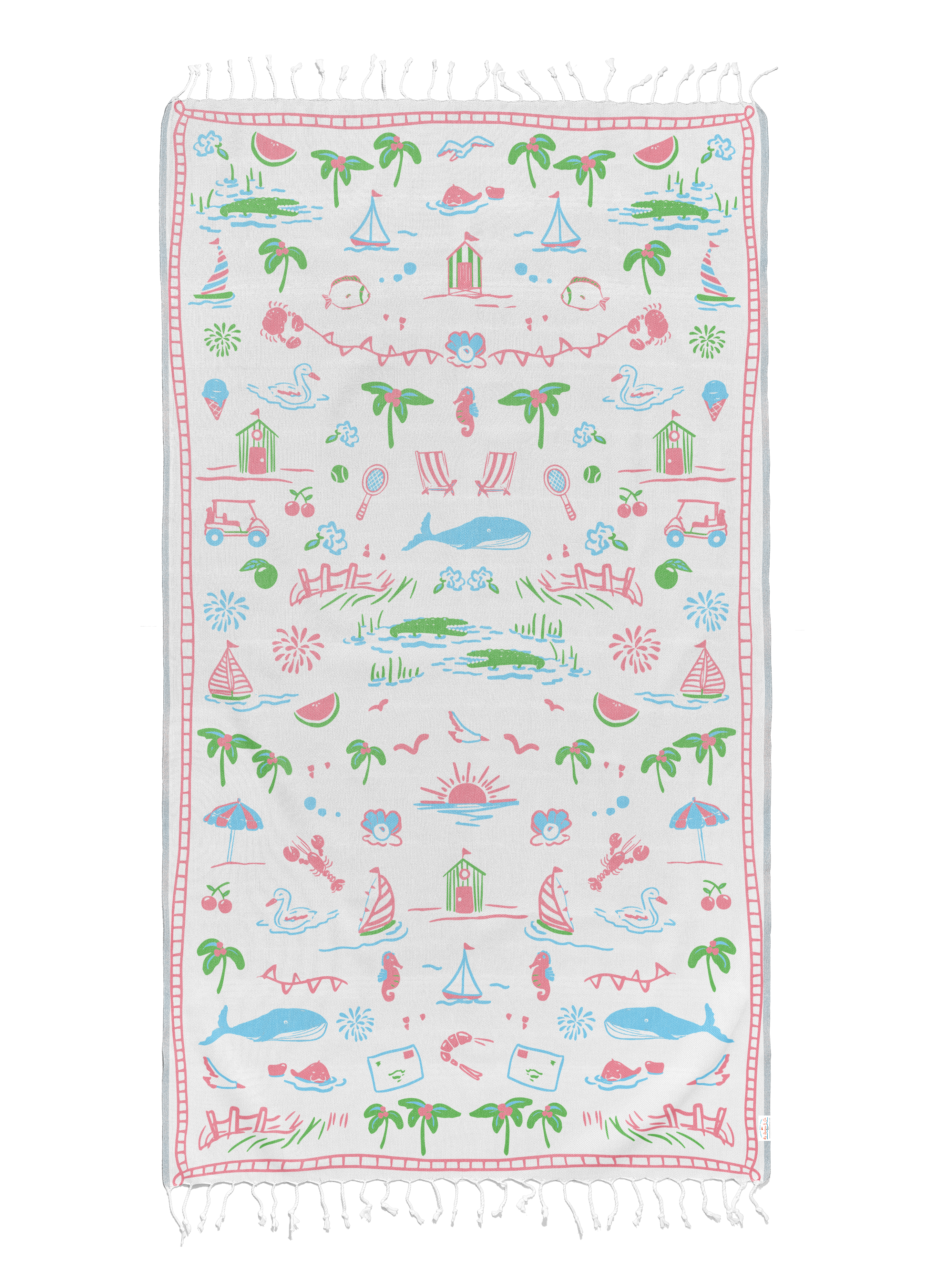 Beach towel with colorful beach-themed pattern on a white background