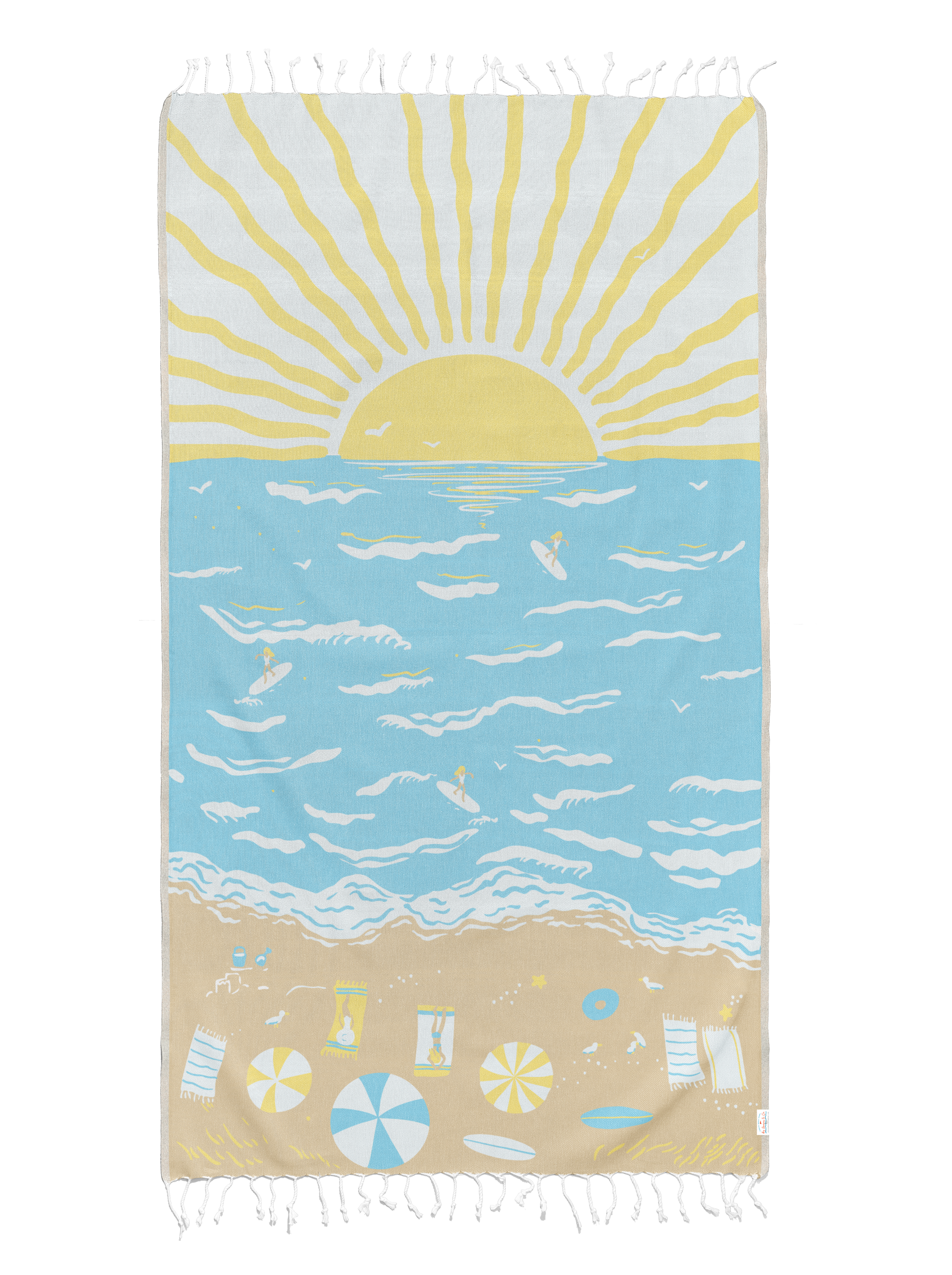 Beach towel with a sun, sea, and sand design on a white background