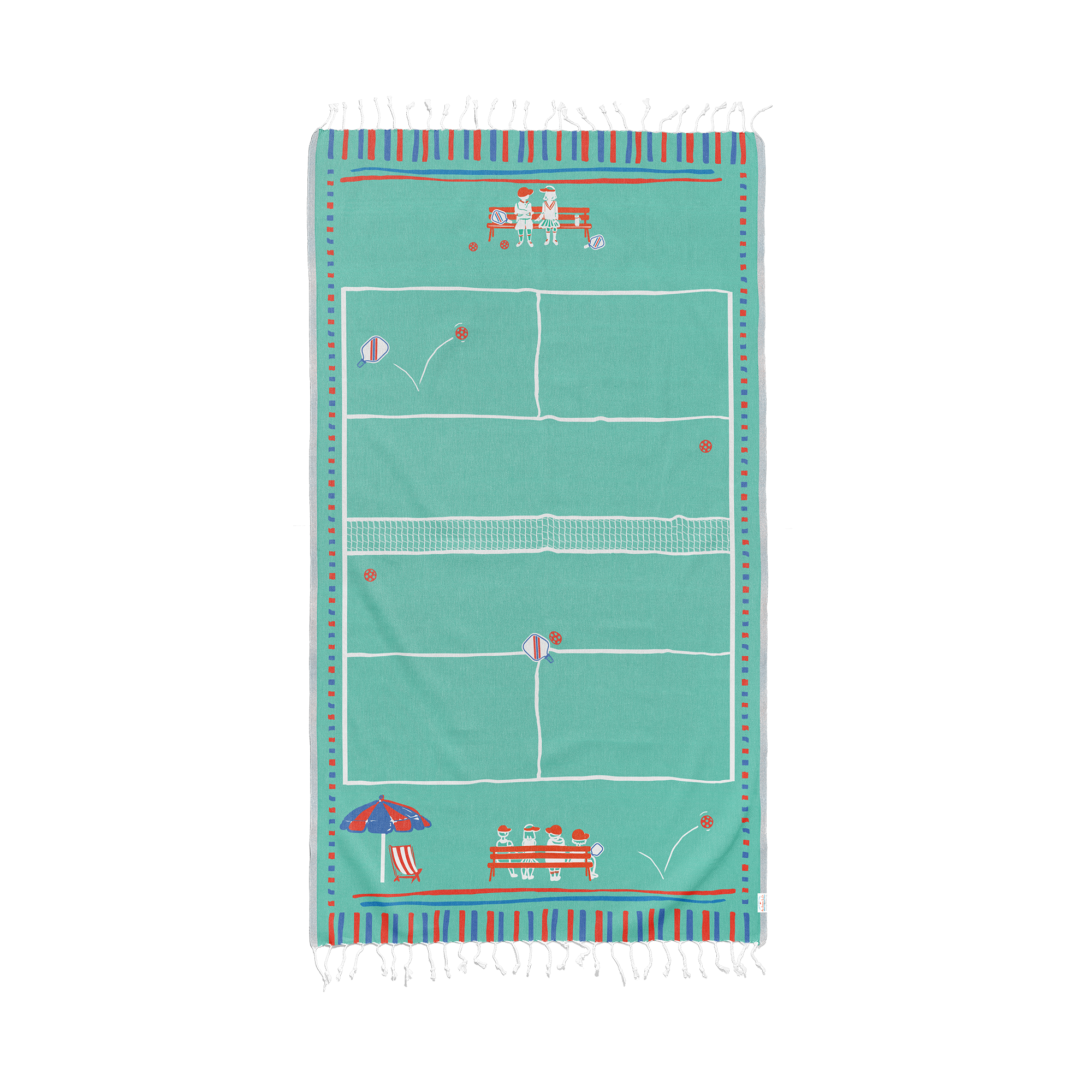 Teal beach towel with sports field design on a white background