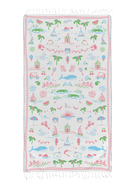 Beach towel with colorful beach-themed pattern on a white background