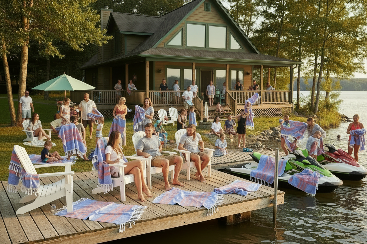 People on a dock by a lake with a cabin in the background