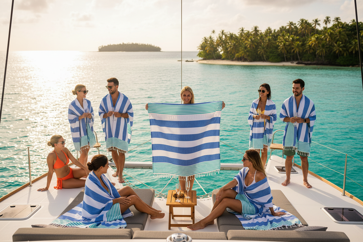 Group of people on a boat wearing matching blue and white striped towels with a tropical island in the background.