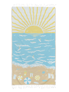 Beach towel with a sun, sea, and sand design on a white background