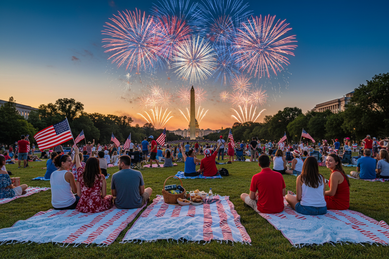 People watching fireworks display with the Washington Monument in the background