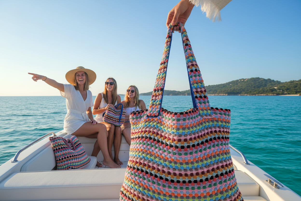 Three women on a boat with colorful beach bags