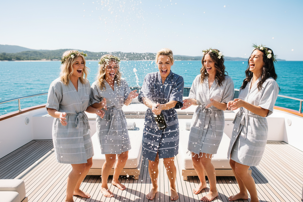Five women in matching robes celebrating with champagne on a yacht.